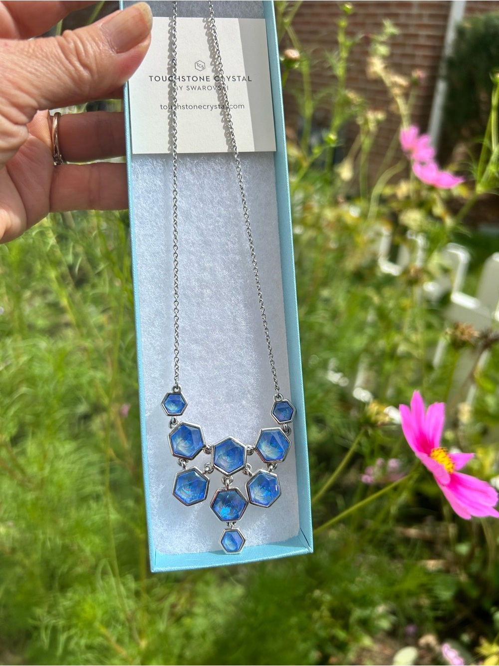 Touchstone Crystal Silver Necklace with Blue Hexagon Crystals